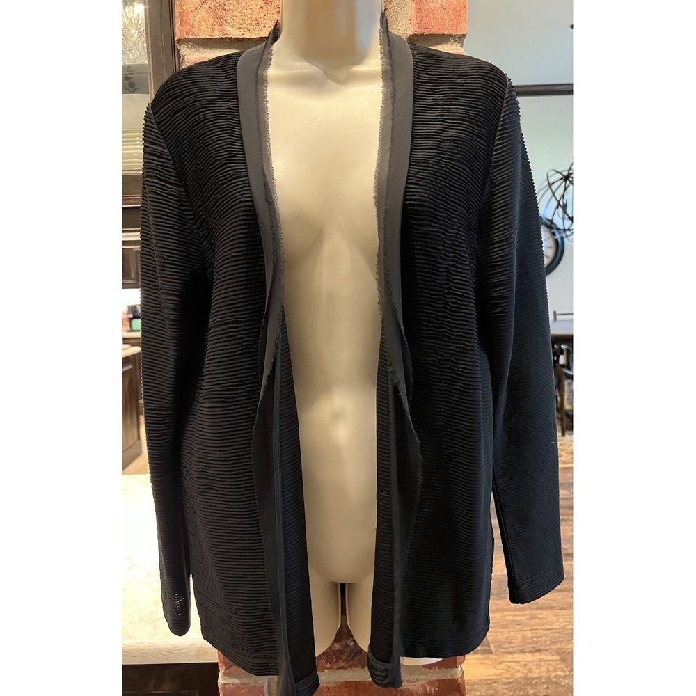 Massimo Dutti Women's Black Ribbed Open Cardigan Chiffon Accent Size S